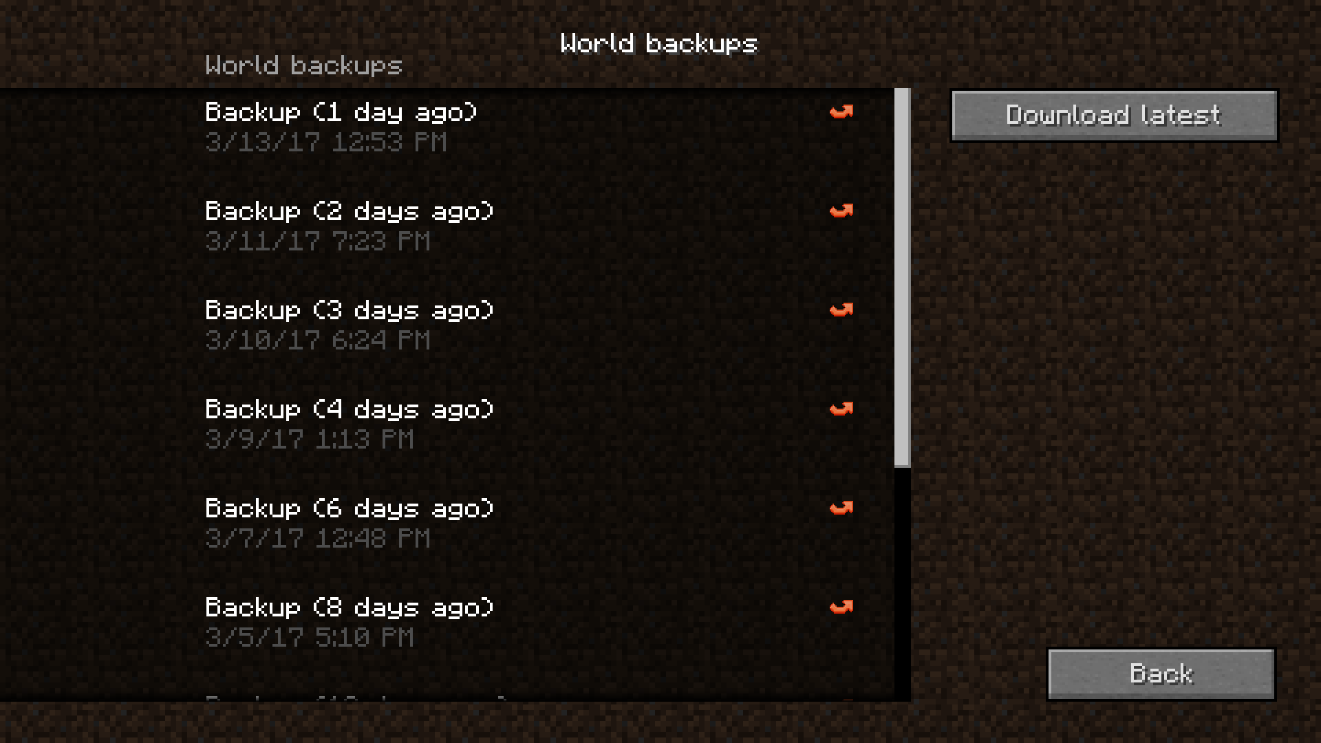 Minecraft backups screen